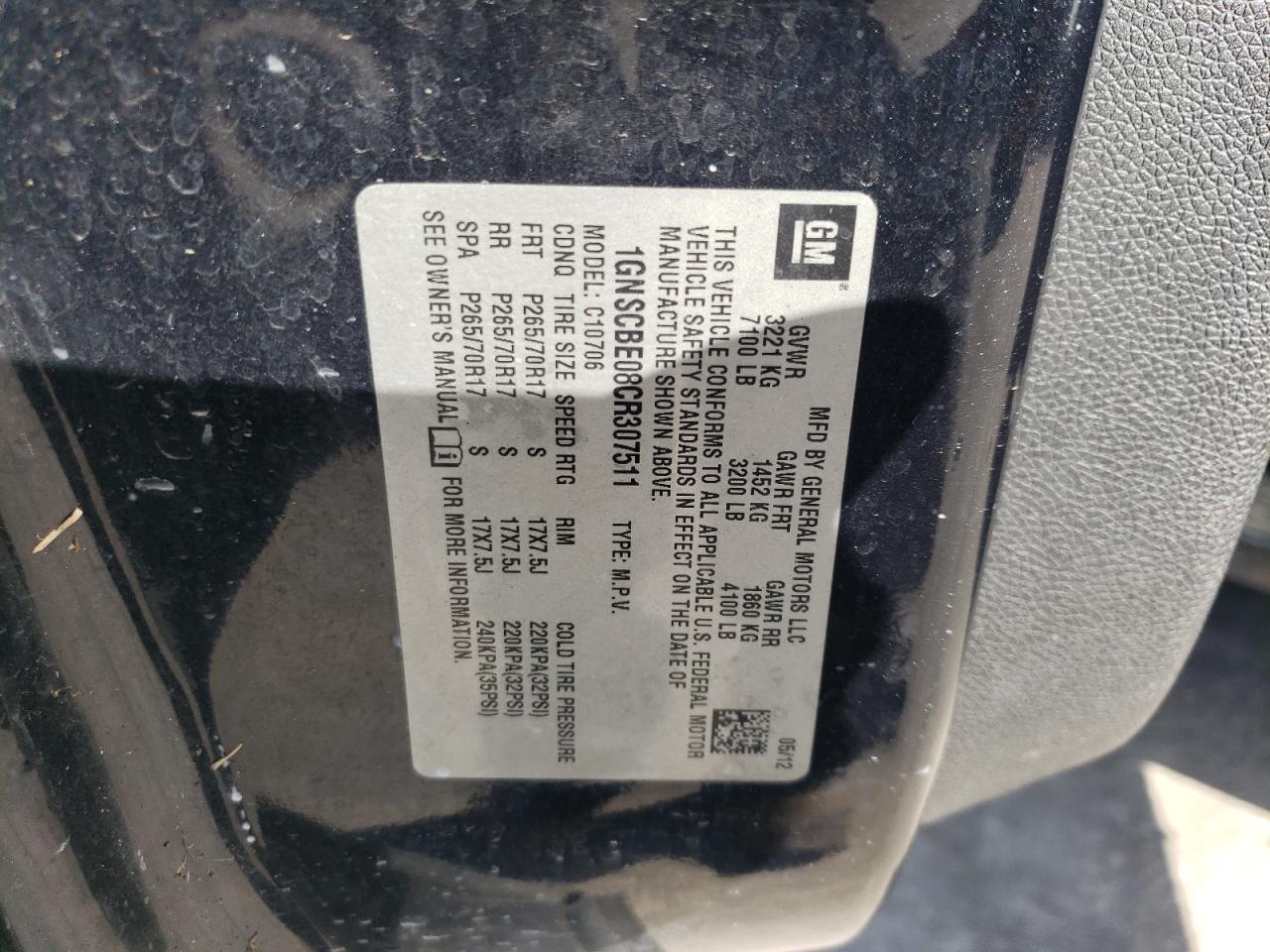 2012 Chevrolet Tahoe VIN 1GNSCBE08CR307511 Copart auction photo, front end / side damage thumbnail 15