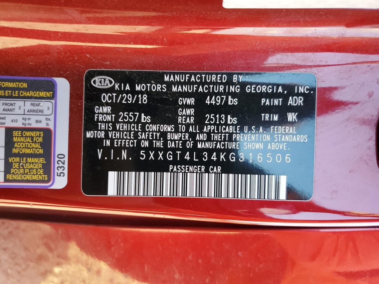 2019 KIA Optima VIN 5XXGT4L34KG316506 Copart auction photo, rear end / front end damage thumbnail 13