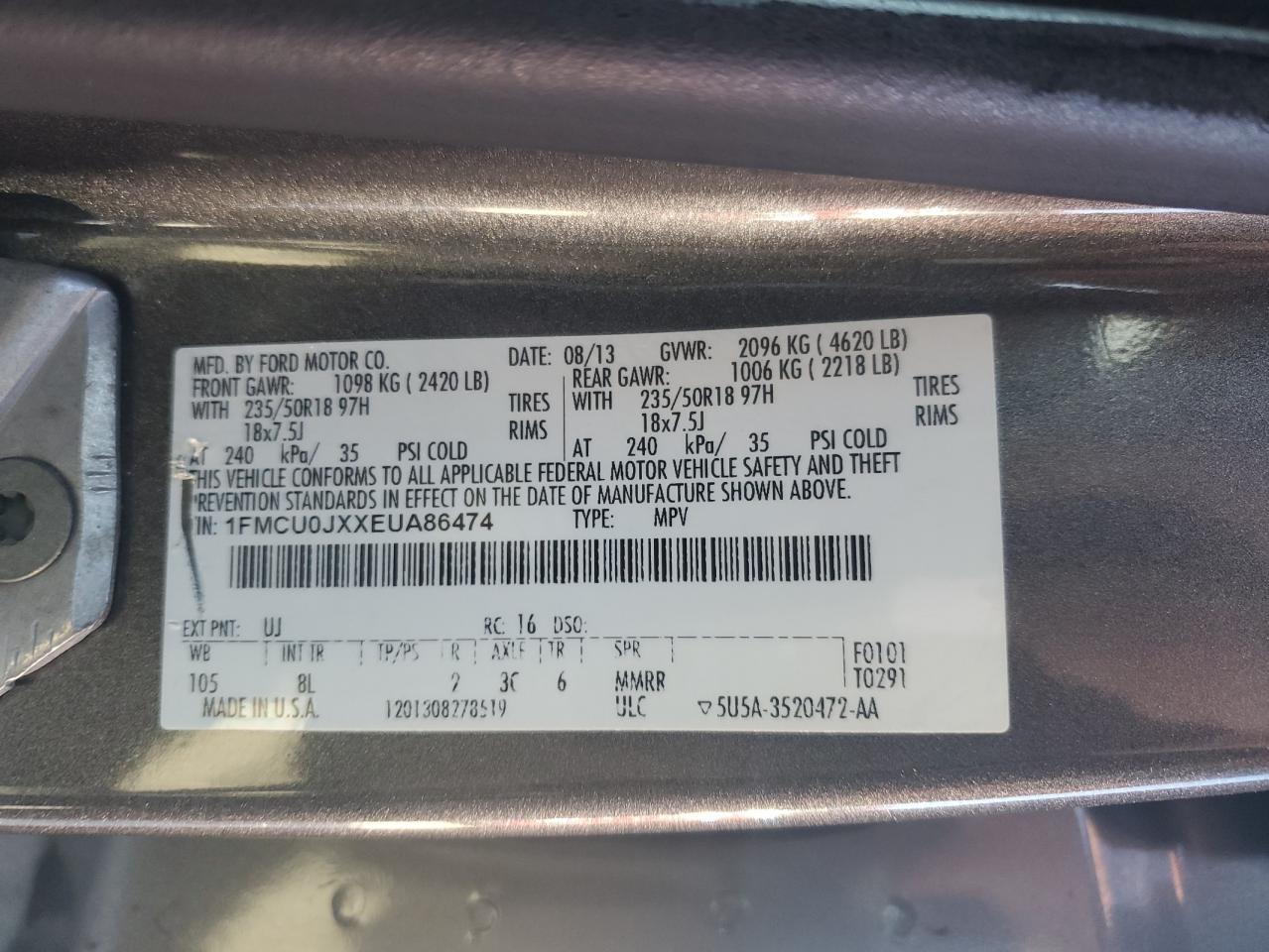 2014 Ford Escape VIN 1FMCU0JXXEUA86474 Copart auction photo, all over damage thumbnail 13