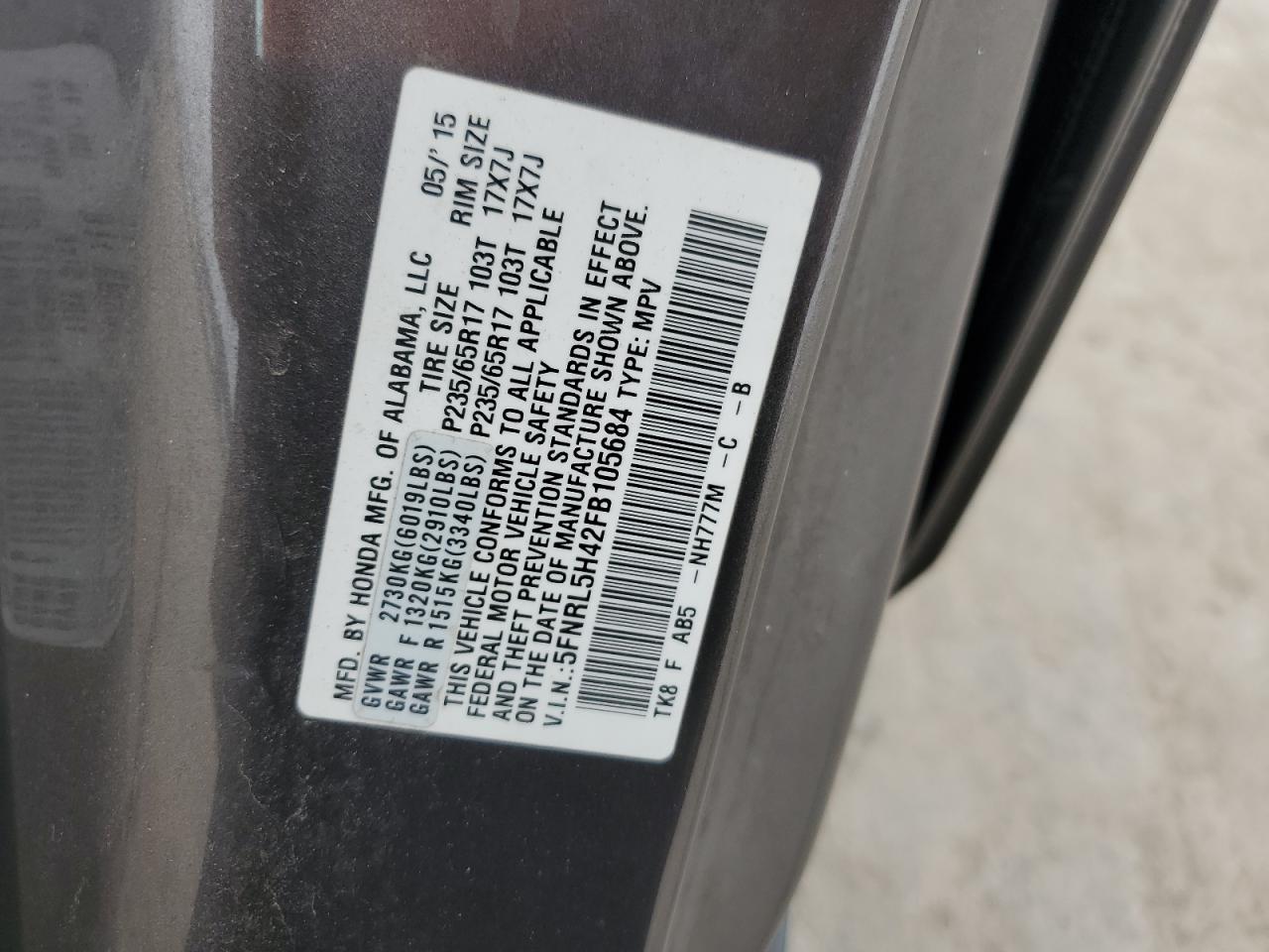 2015 Honda Odyssey VIN 5FNRL5H42FB105684 Copart auction photo, rear end / minor dent/scratches damage thumbnail 14