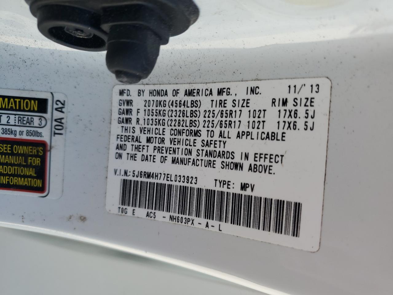 2014 Honda CR-V VIN 5J6RM4H77EL033923 Copart auction photo, all over damage thumbnail 15