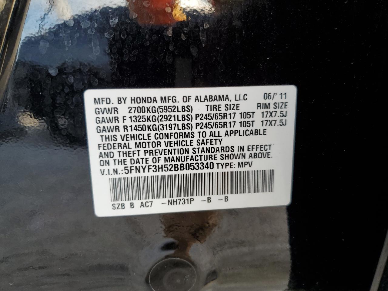 2011 Honda Pilot VIN 5FNYF3H52BB053340 Copart auction photo, front end / minor dent/scratches damage thumbnail 15