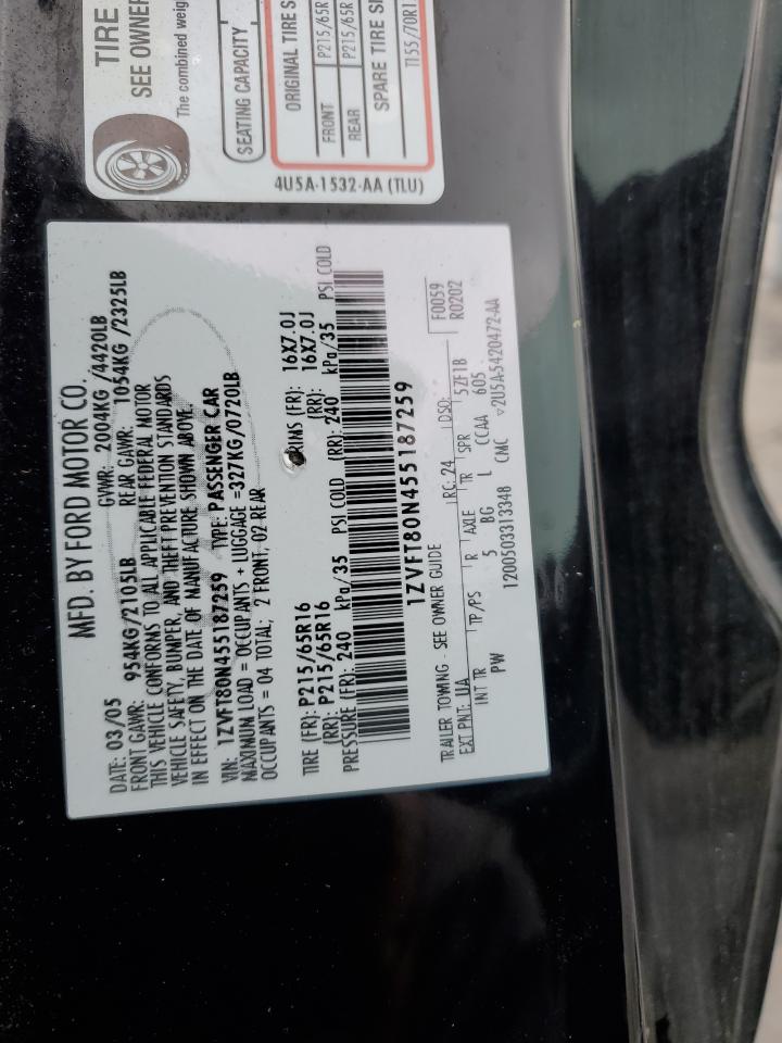 2005 Ford Mustang VIN 1ZVFT80N455187259 Copart auction photo, side / front end damage thumbnail 12