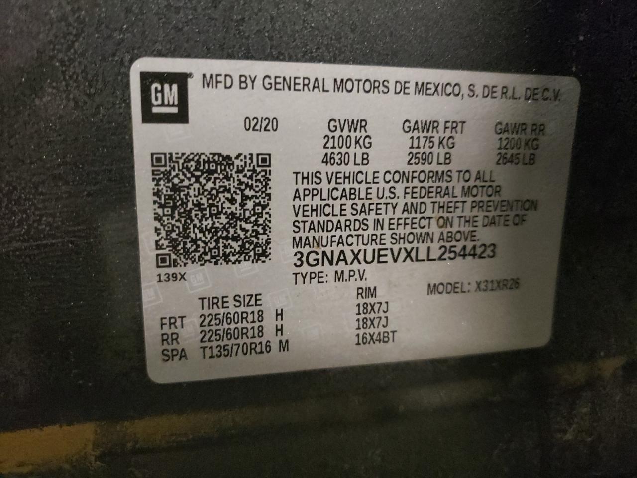 2020 Chevrolet Equinox VIN 3GNAXUEVXLL254423 Copart auction photo, front end / rear end damage thumbnail 13