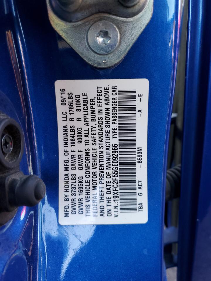 2016 Honda Civic VIN 19XFC2F55GE092966 Copart auction photo, all over / hail damage thumbnail 12
