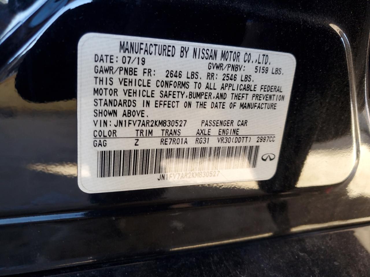 2019 Infiniti Q50 VIN JN1FV7AR2KM830527 Copart auction photo, side / front end damage thumbnail 14
