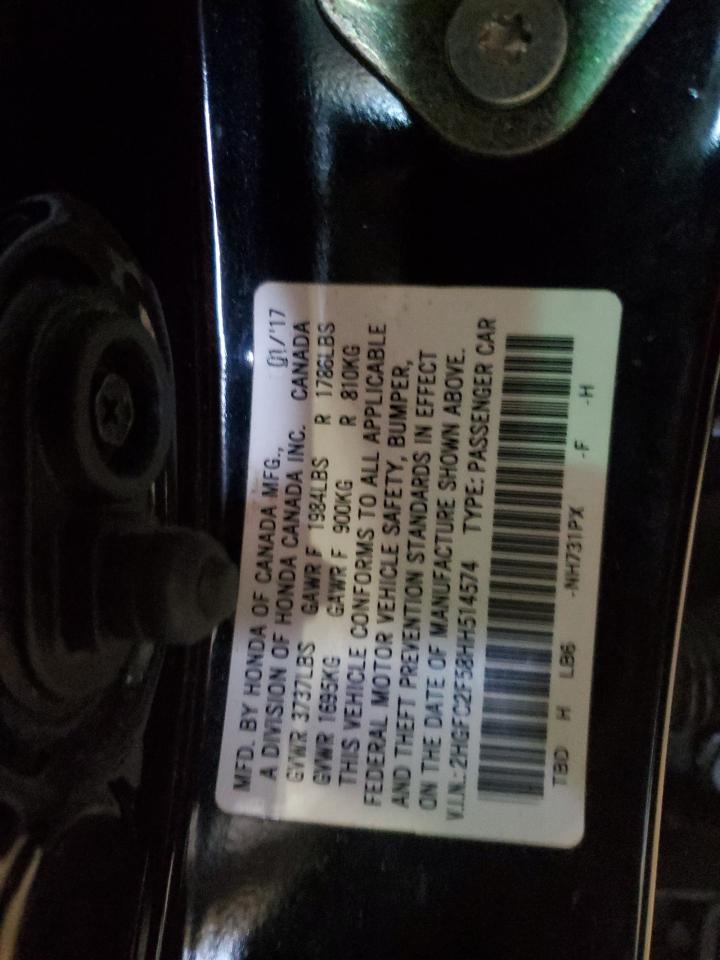 2017 Honda Civic VIN 2HGFC2F58HH514574 Copart auction photo, rear end damage thumbnail 12