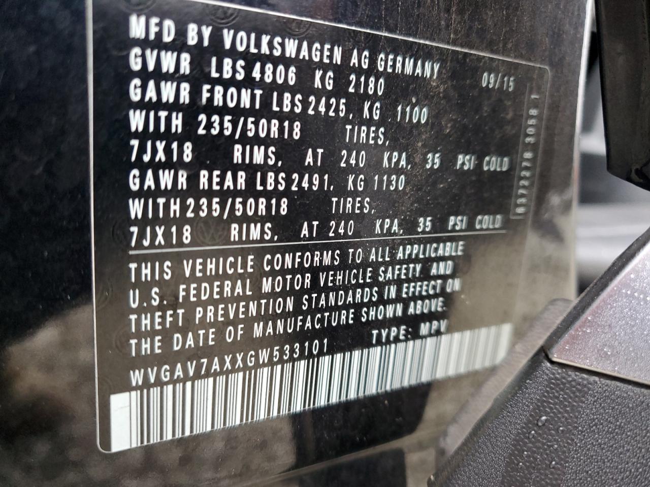 2016 Volkswagen Tiguan VIN WVGAV7AXXGW533101 Copart auction photo, front end damage thumbnail 14
