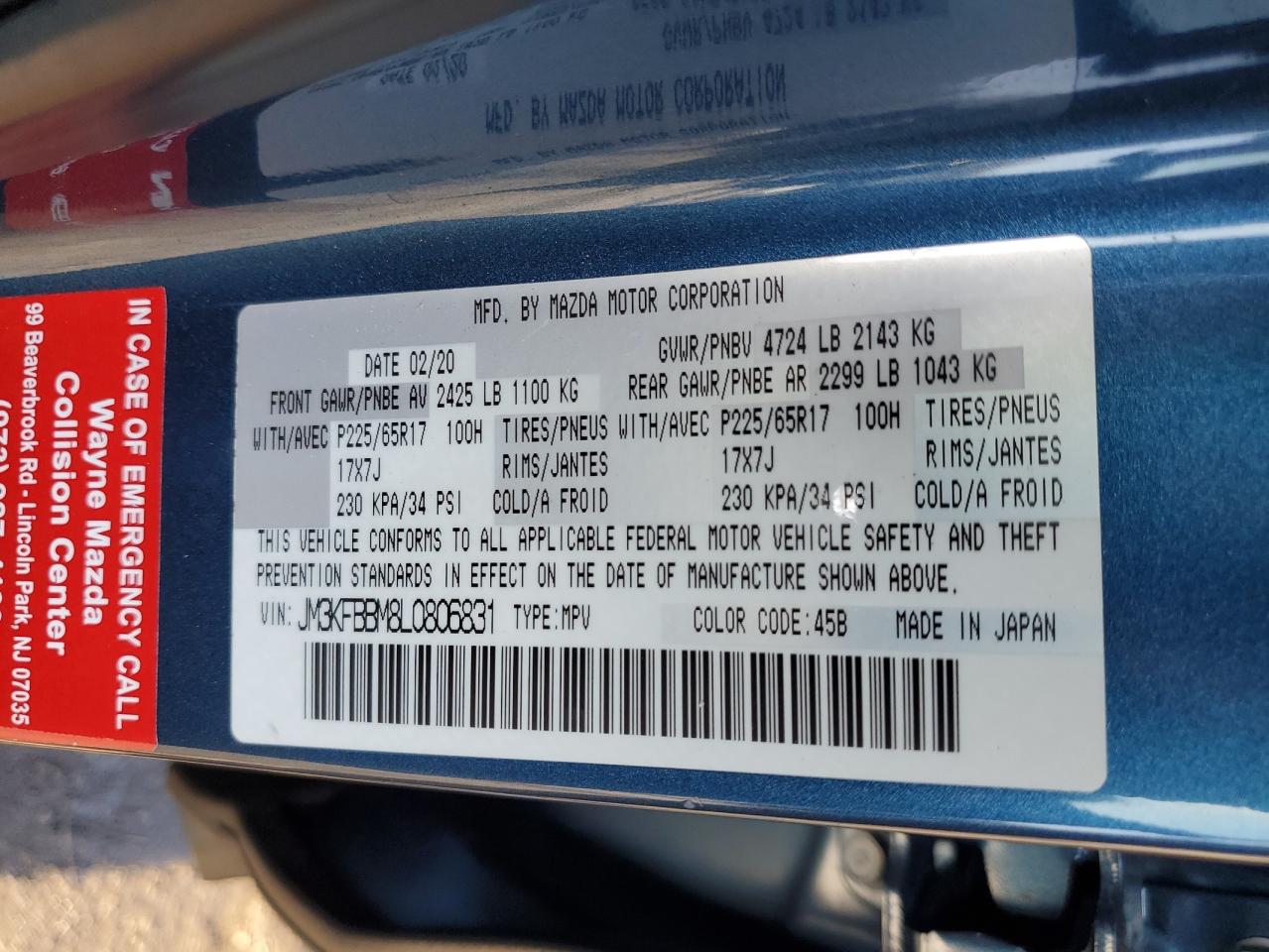 2020 Mazda CX-5 VIN JM3KFBBM8L0806831 Copart auction photo, front end / minor dent/scratches damage thumbnail 15