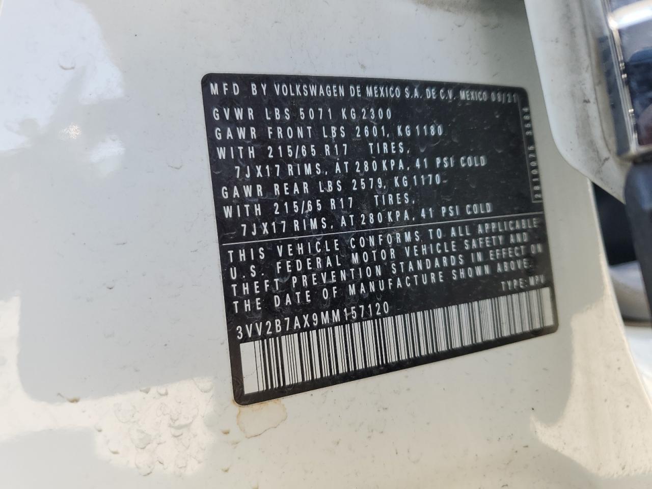 2021 Volkswagen Tiguan VIN 3VV2B7AX9MM157120 Copart auction photo, front end / side damage thumbnail 14