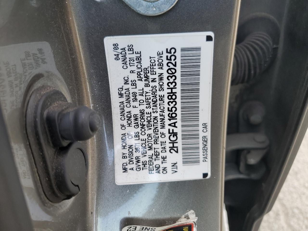 2008 Honda Civic VIN 2HGFA16538H330255 Copart auction photo, minor dent/scratches damage thumbnail 12