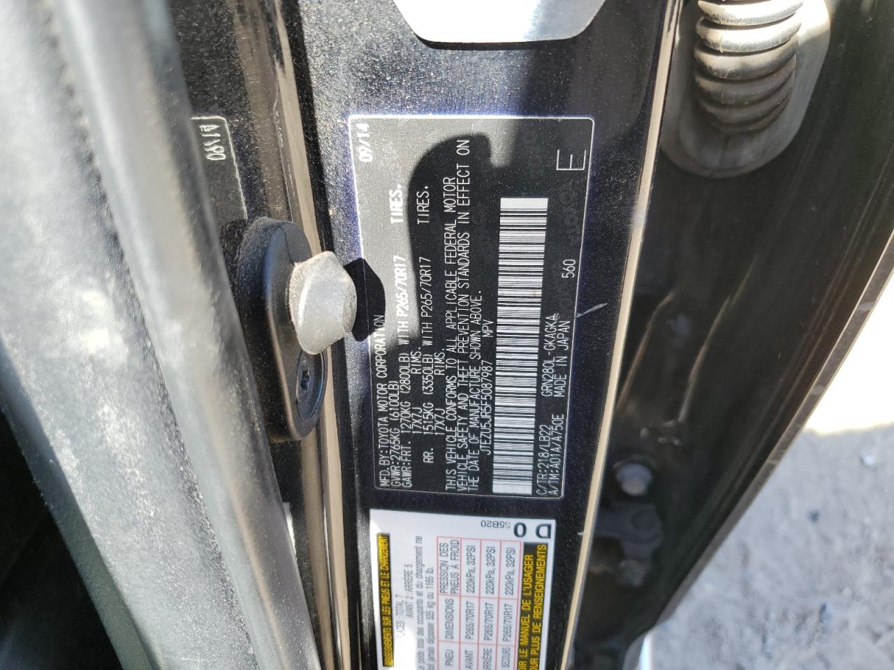 2015 Toyota 4Runner VIN JTEZU5JR5F5087987 Copart auction photo, front end / front end damage thumbnail 16