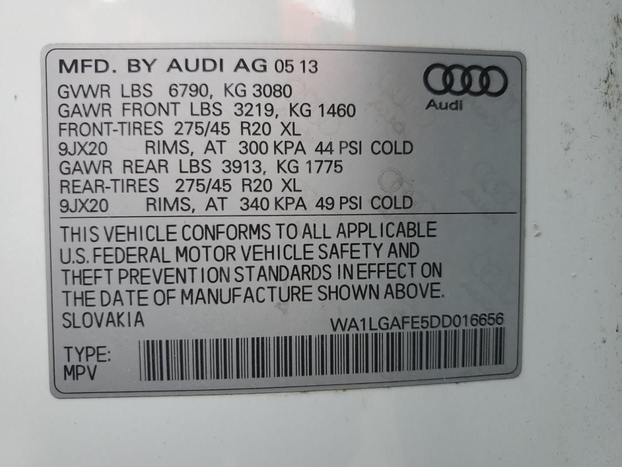 2013 Audi Q7 VIN WA1LGAFE5DD016656 Copart auction photo, front end damage thumbnail 14