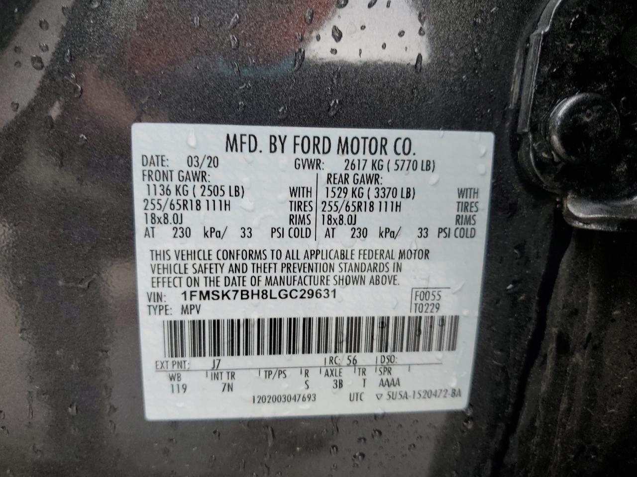 2020 Ford Explorer VIN 1FMSK7BH8LGC29631 Copart auction photo, hail damage thumbnail 13