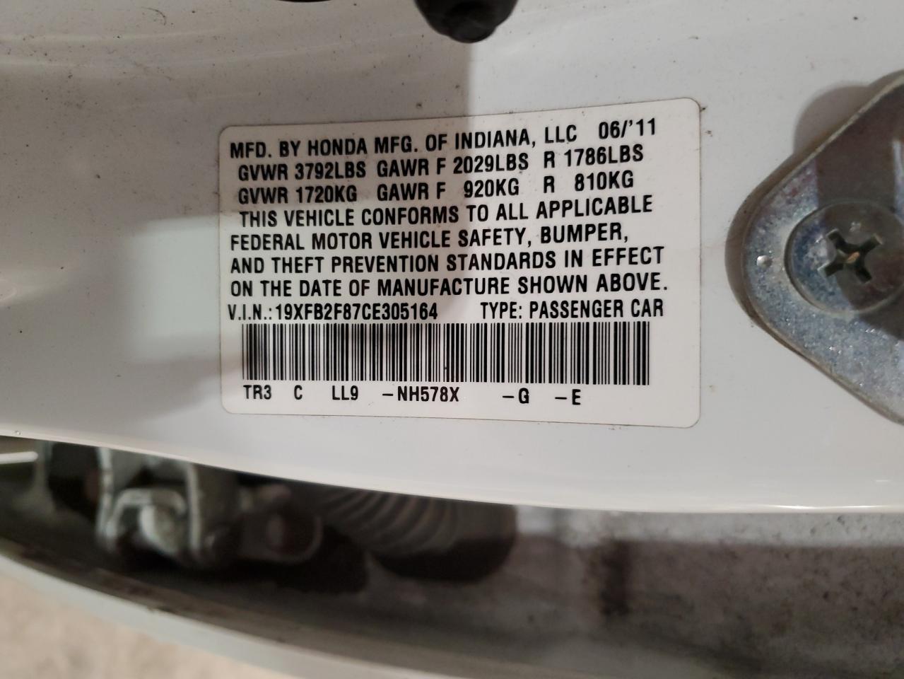 2012 Honda Civic VIN 19XFB2F87CE305164 Copart auction photo, front end damage thumbnail 12
