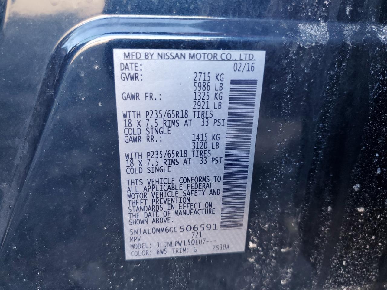 2016 Infiniti QX60 VIN 5N1AL0MM6GC506591 Copart auction photo, all over damage thumbnail 14