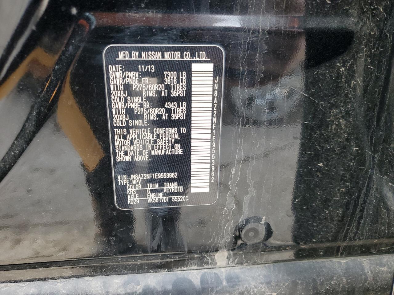 2014 Infiniti QX80 VIN JN8AZ2NF1E9553962 Copart auction photo, rear end damage thumbnail 13
