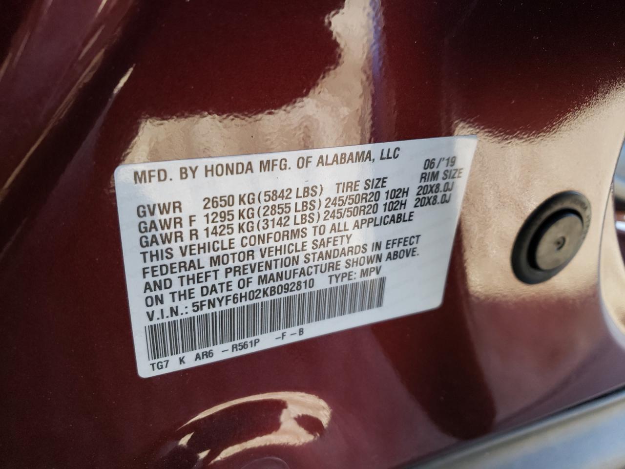 2019 Honda Pilot VIN 5FNYF6H02KB092810 Copart auction photo, front end damage thumbnail 15