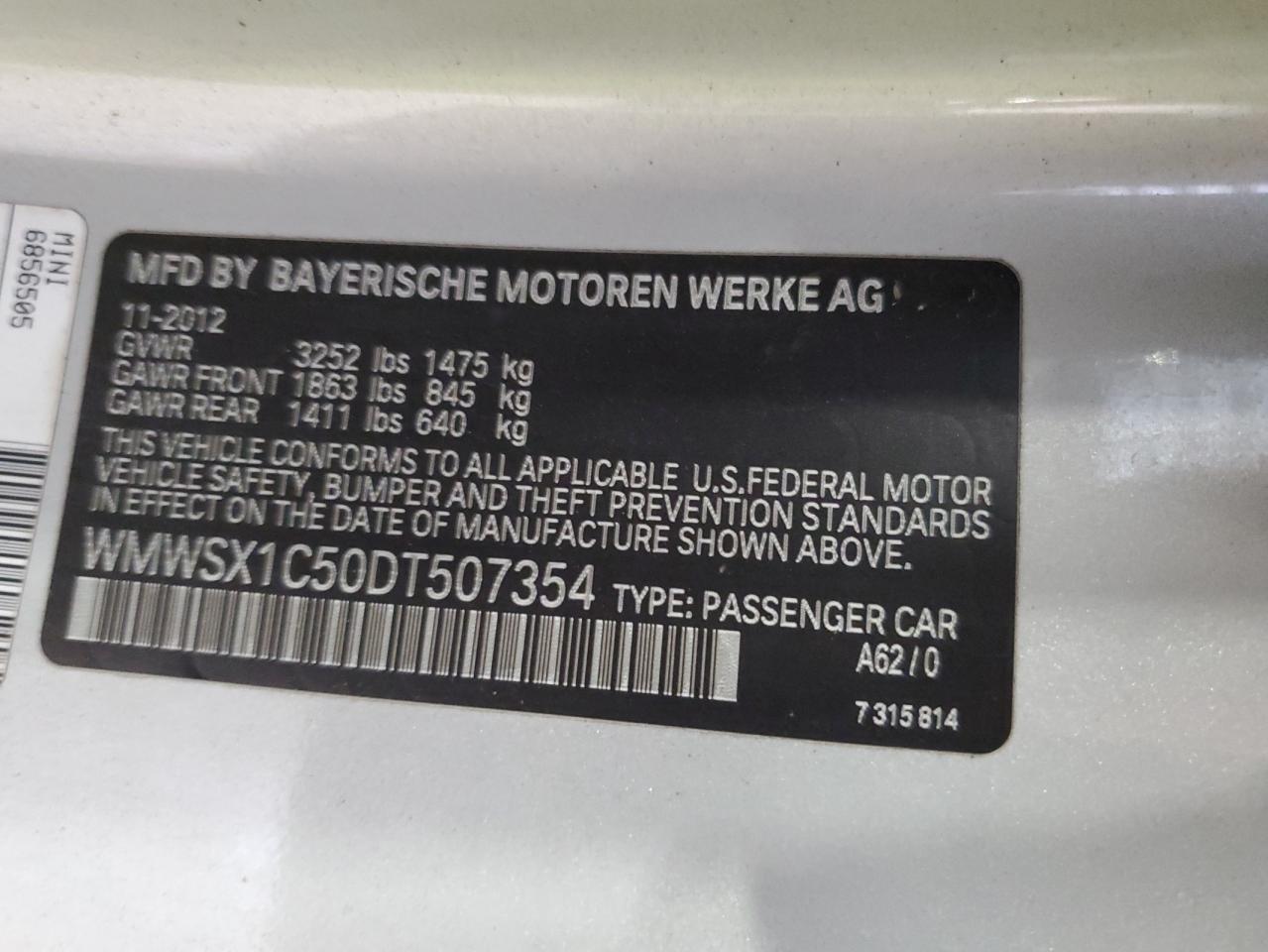 2013 MINI Cooper VIN WMWSX1C50DT507354 Copart auction photo, all over damage thumbnail 13