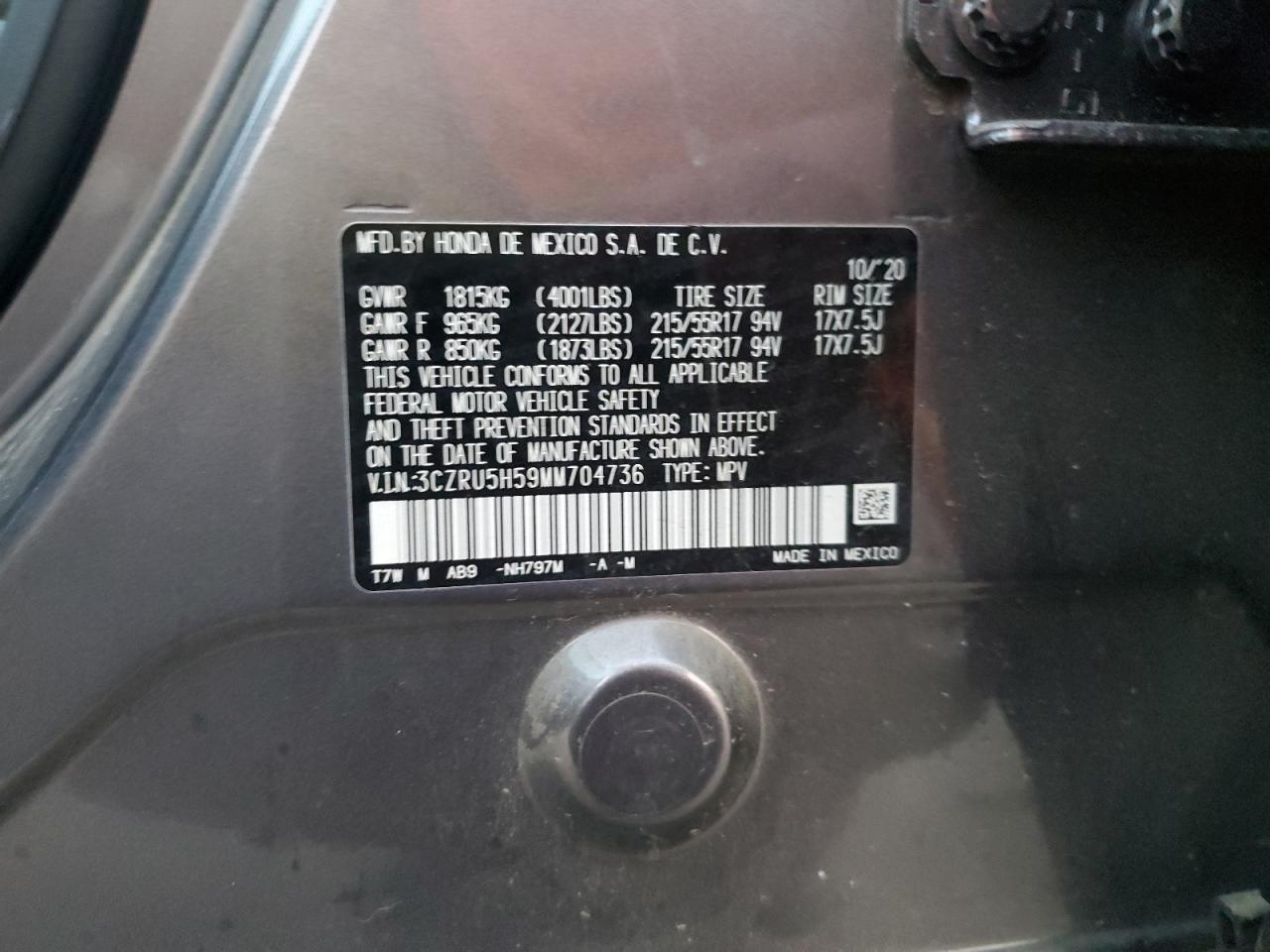 2021 Honda HR-V VIN 3CZRU5H59MM704736 Copart auction photo, front end / minor dent/scratches damage thumbnail 14