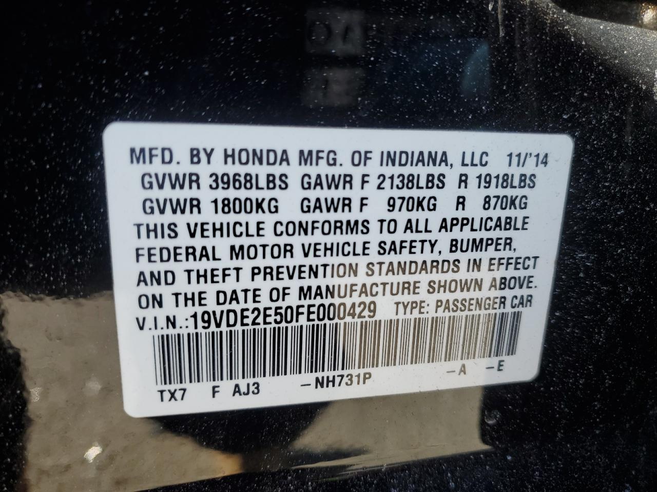 2015 Acura ILX VIN 19VDE2E50FE000429 Copart auction photo, rear end / front end damage thumbnail 12