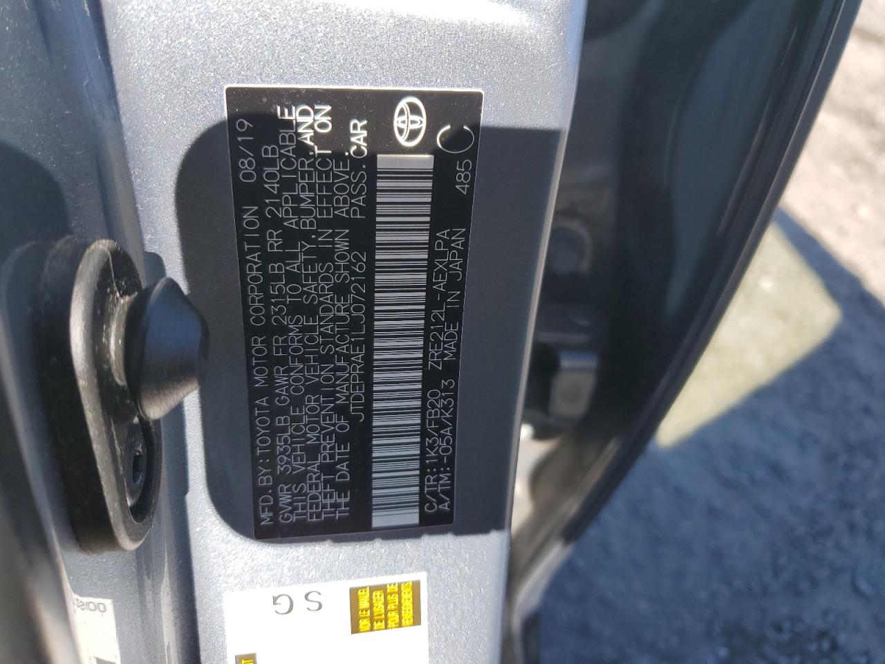 2020 Toyota Corolla VIN JTDEPRAE1LJ072162 Copart auction photo, rear end damage thumbnail 12
