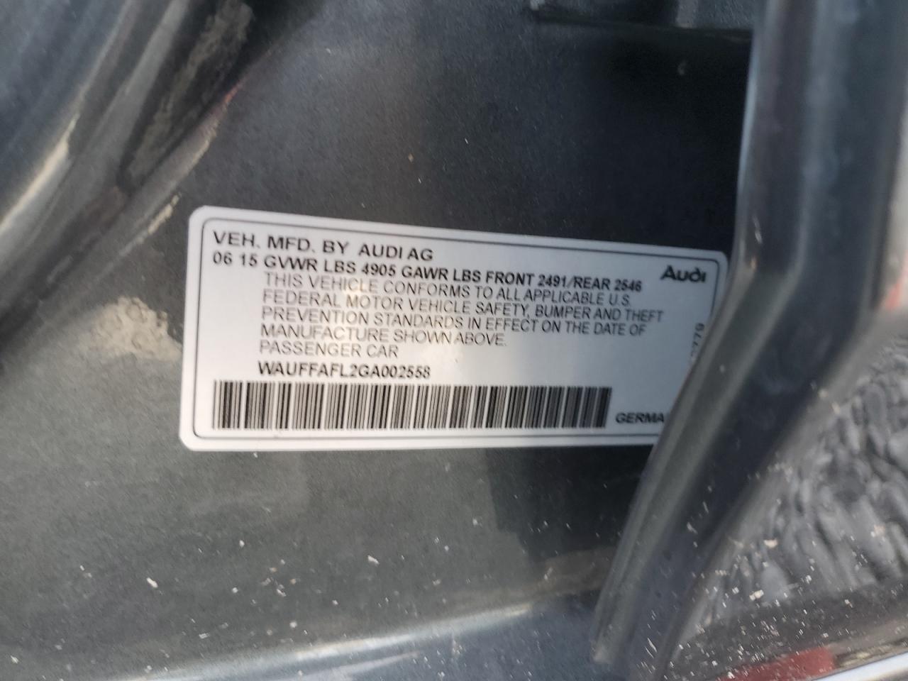 2016 Audi A4 VIN WAUFFAFL2GA002558 Copart auction photo, side damage thumbnail 14