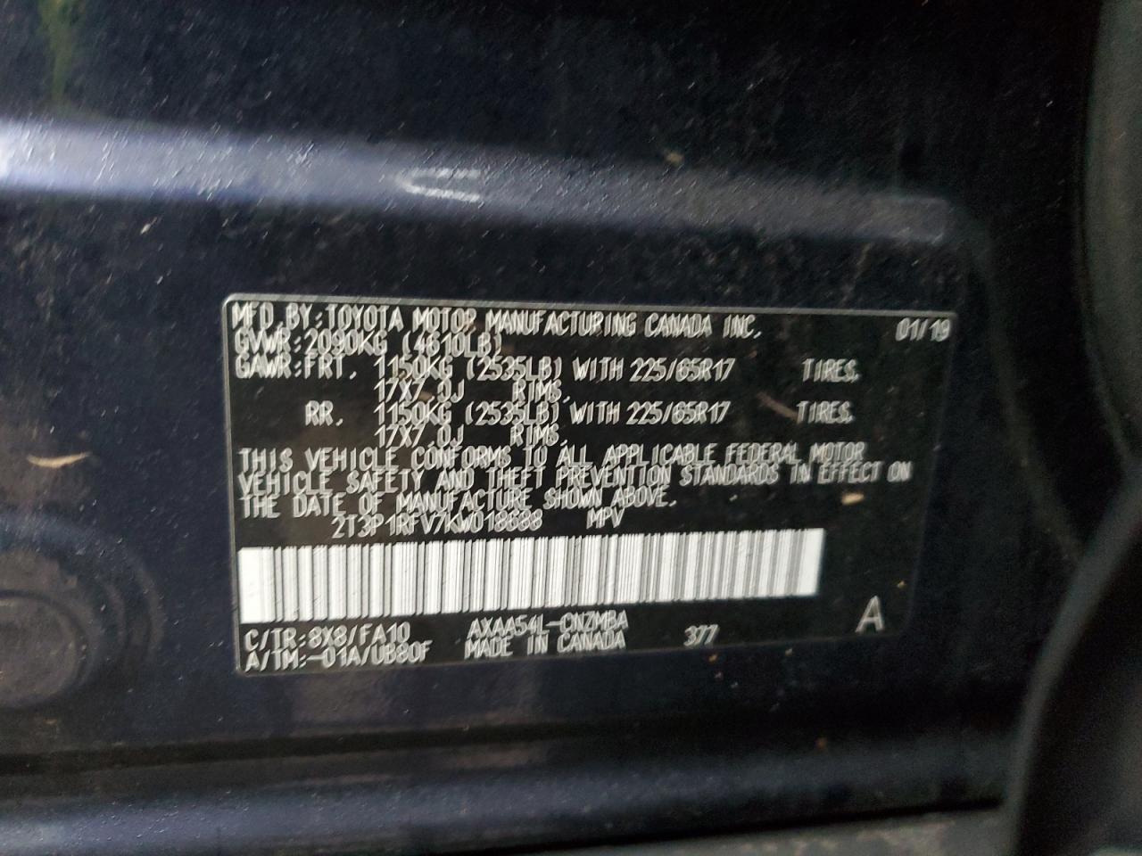 2019 Toyota RAV 4 VIN 2T3P1RFV7KW018688 Copart auction photo, front end / minor dent/scratches damage thumbnail 12