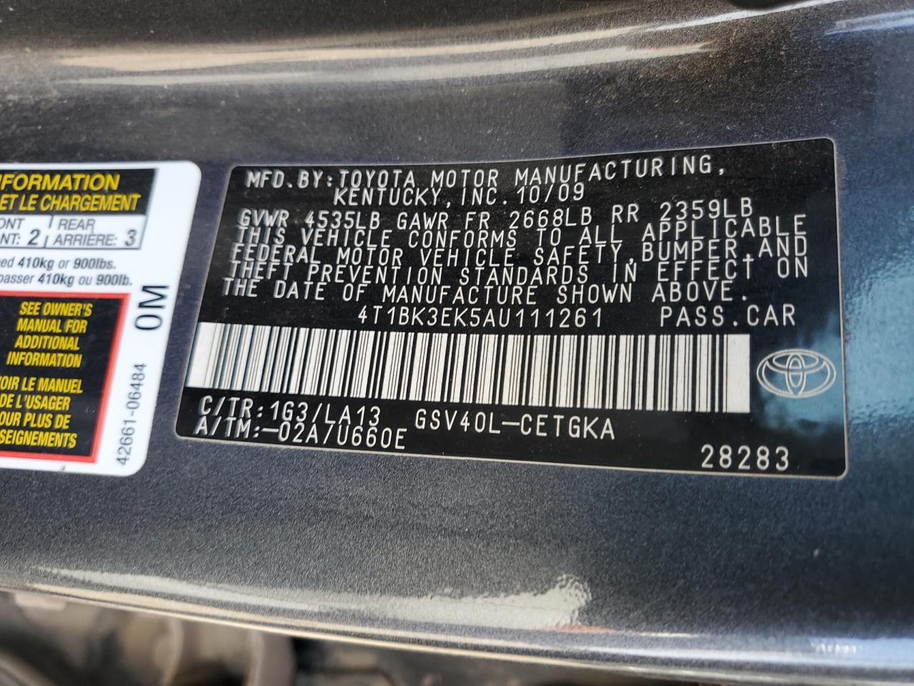 2010 Toyota Camry VIN 4T1BK3EK5AU111261 Copart auction photo, front end / frame damage damage thumbnail 13