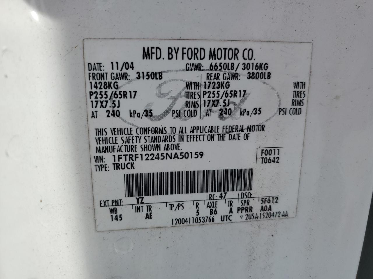 2005 Ford F-150 VIN 1FTRF12245NA50159 Copart auction photo, front end damage thumbnail 14