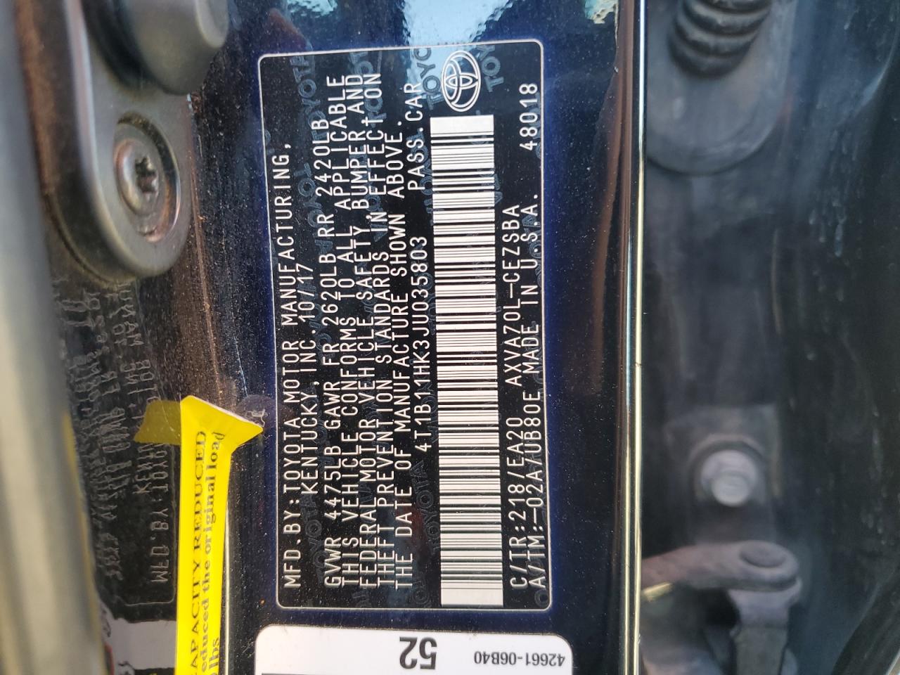 2018 Toyota Camry VIN 4T1B11HK3JU035803 Copart auction photo, front end / minor dent/scratches damage thumbnail 14
