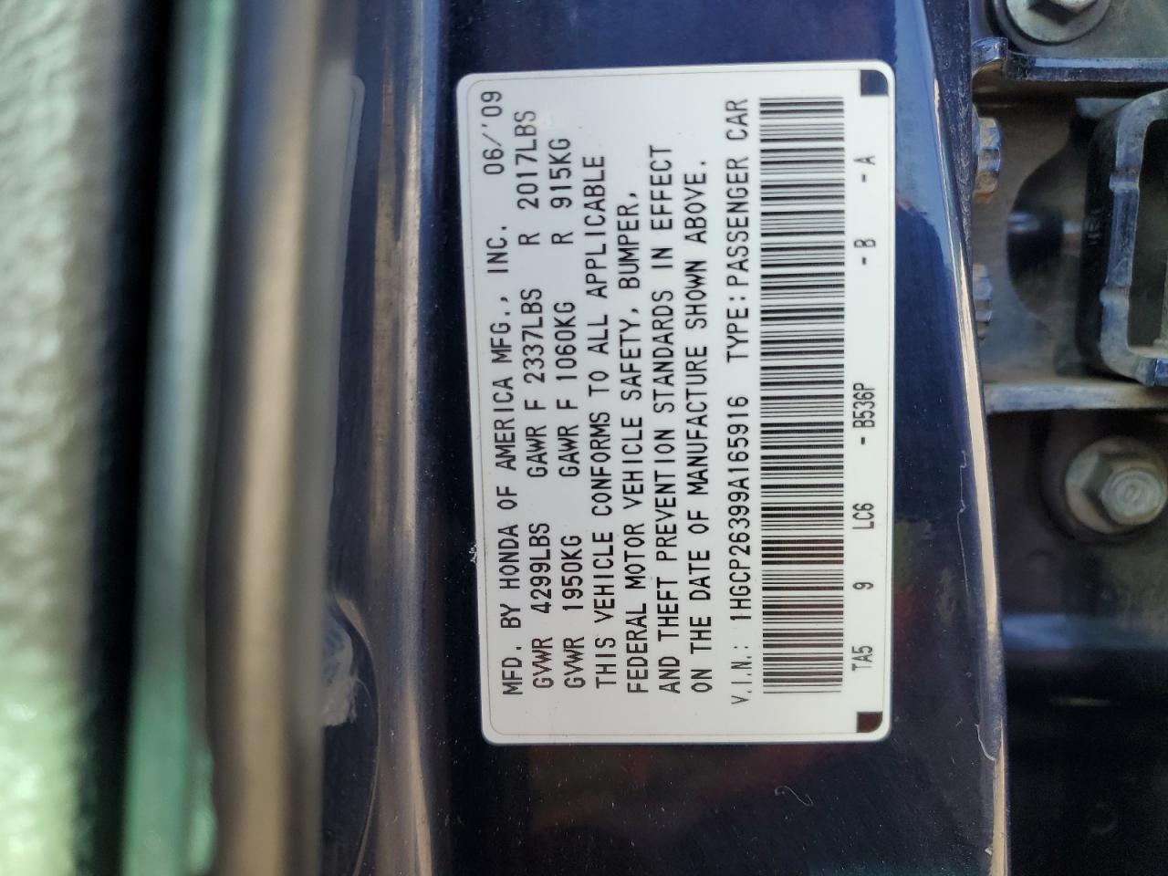 2009 Honda Accord VIN 1HGCP26399A165916 Copart auction photo, front end / side damage thumbnail 12