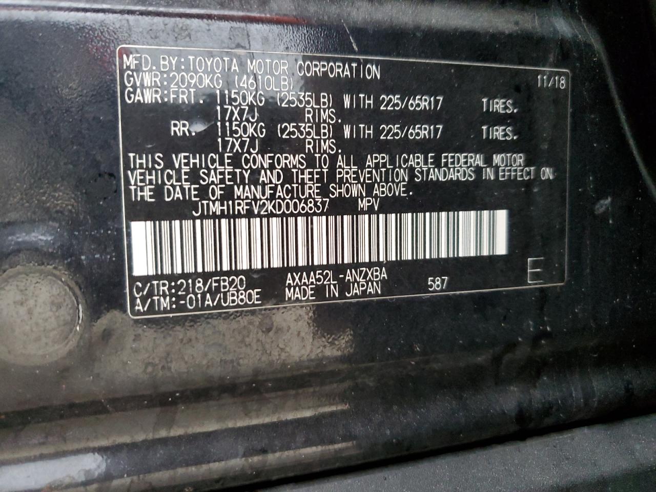 2019 Toyota RAV 4 VIN JTMH1RFV2KD006837 Copart auction photo, side damage thumbnail 12