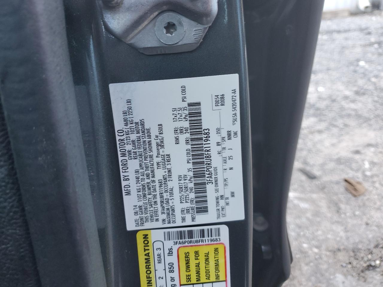 2015 Ford Fusion VIN 3FA6P0RU8FR119683 Copart auction photo, rear end damage thumbnail 12