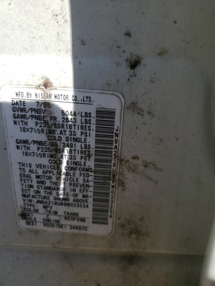 2009 Nissan Murano VIN JN8AZ18U99W023234 Copart auction photo, rear end damage thumbnail 15