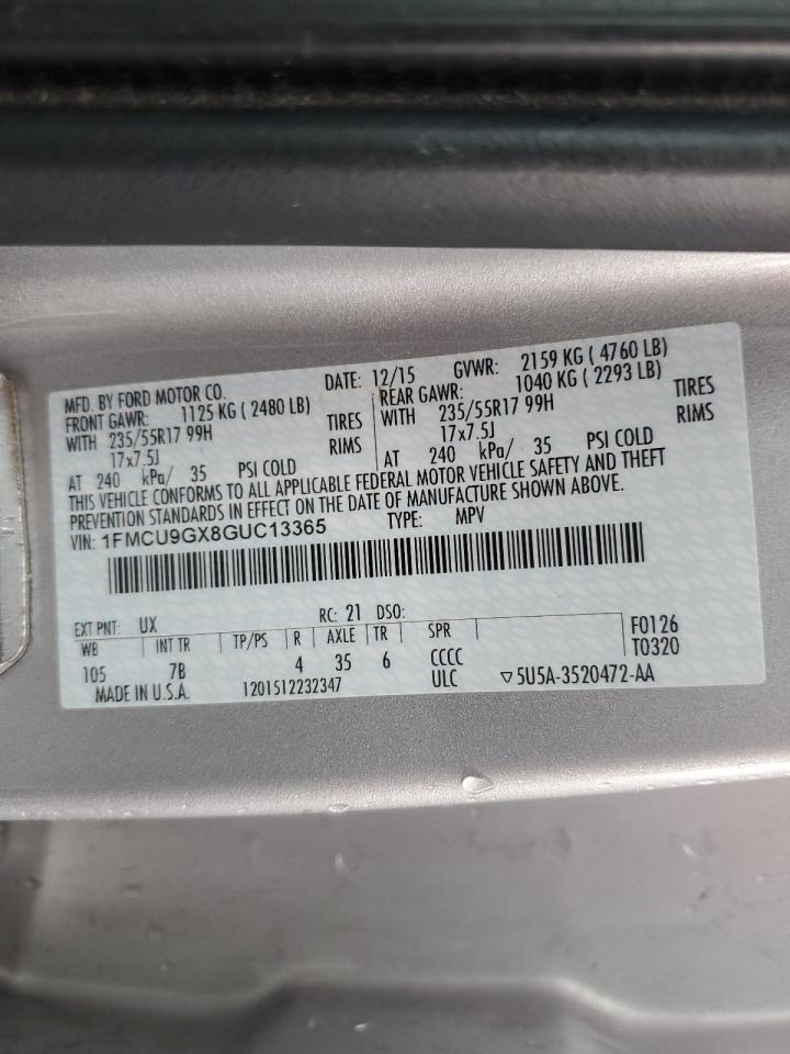 2016 Ford Escape VIN 1FMCU9GX8GUC13365 Copart auction photo, side damage thumbnail 13