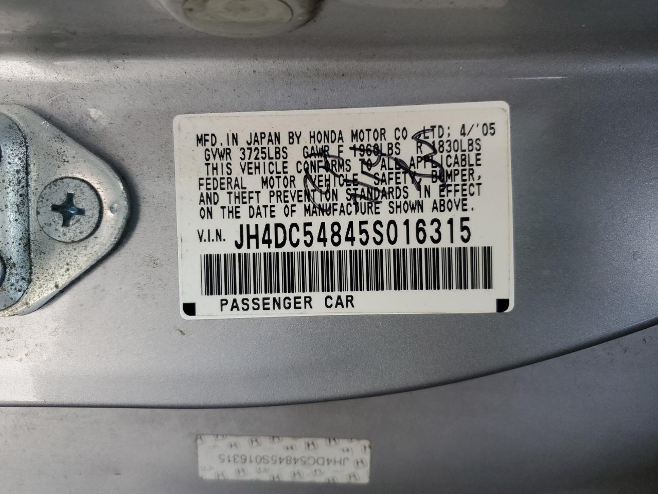 2005 Acura RSX VIN JH4DC54845S016315 Copart auction photo, rear end damage thumbnail 12