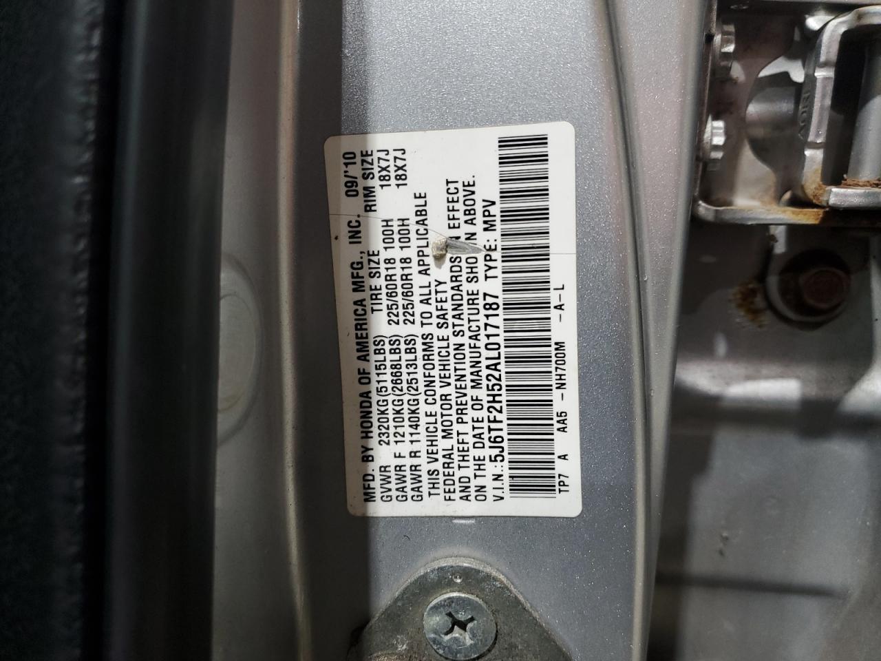 2010 Honda Accord VIN 5J6TF2H52AL017187 Copart auction photo, side damage thumbnail 12