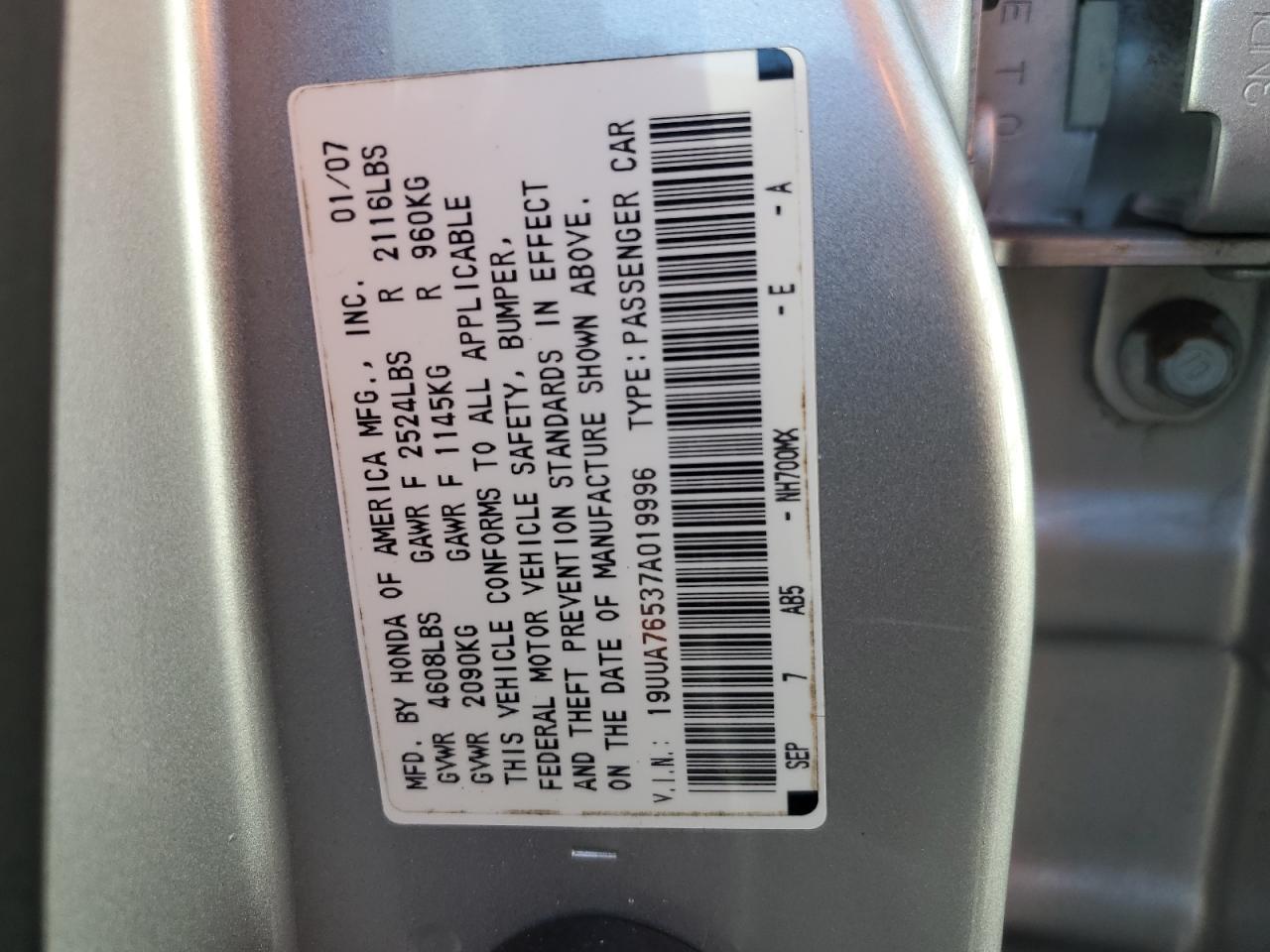 2007 Acura TL VIN 19UUA76537A019996 Copart auction photo, front end damage thumbnail 12
