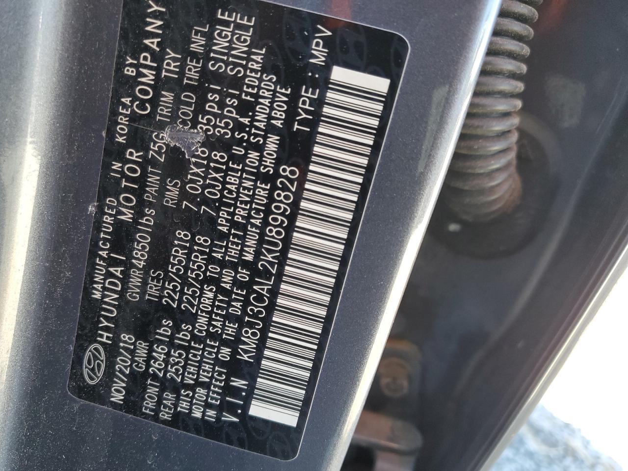 2019 Hyundai Tucson VIN KM8J3CAL2KU899828 Copart auction photo, front end damage thumbnail 12