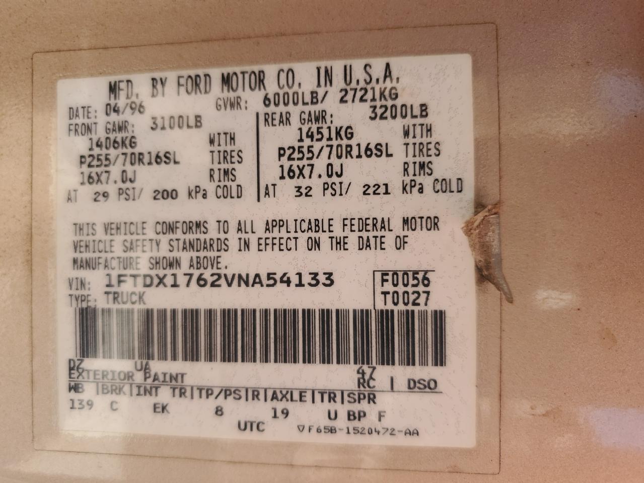 1997 Ford F-150 VIN 1FTDX1762VNA54133 Copart auction photo, side damage thumbnail 12