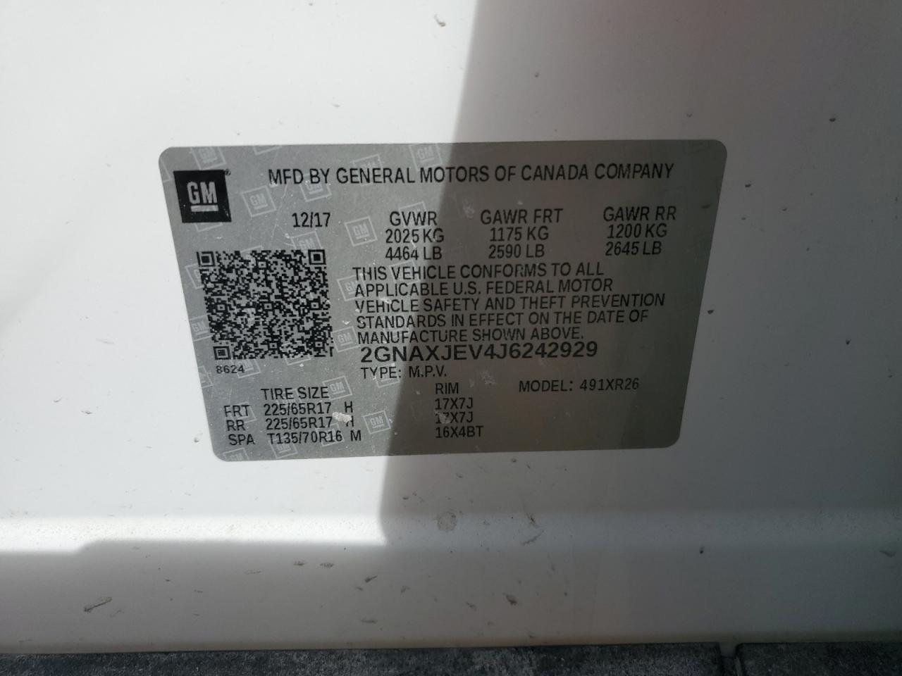 2018 Chevrolet Equinox VIN 2GNAXJEV4J6242929 Copart auction photo, front end damage thumbnail 13