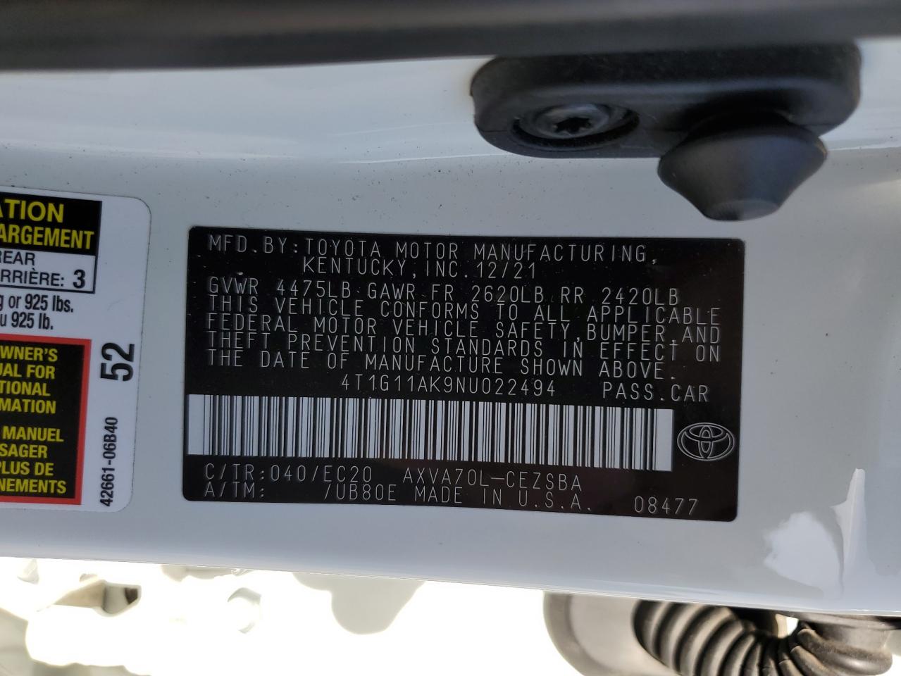 2022 Toyota Camry VIN 4T1G11AK9NU022494 Copart auction photo, hail damage thumbnail 12