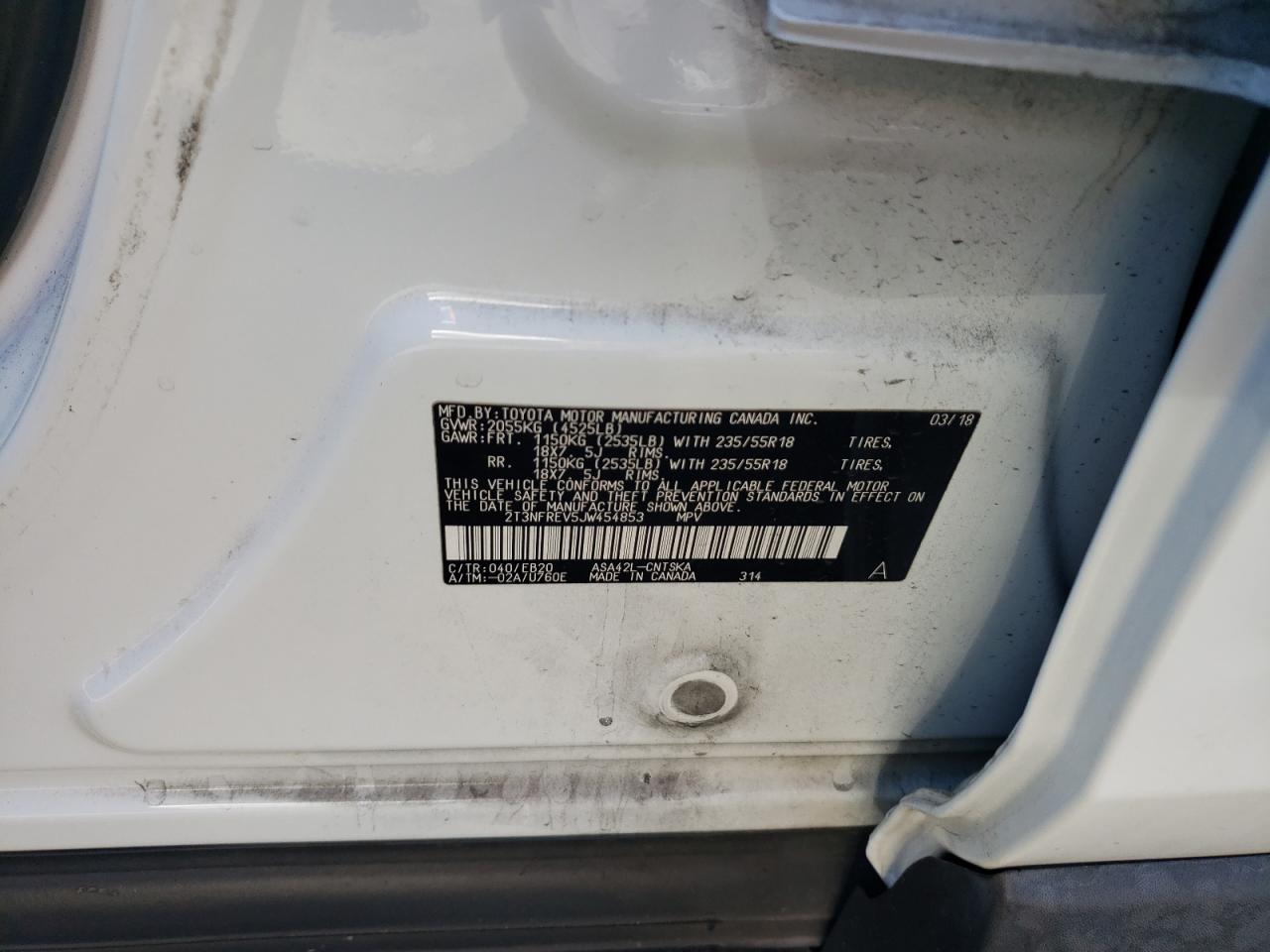 2018 Toyota RAV 4 VIN 2T3NFREV5JW454853 Copart auction photo, front end damage thumbnail 12