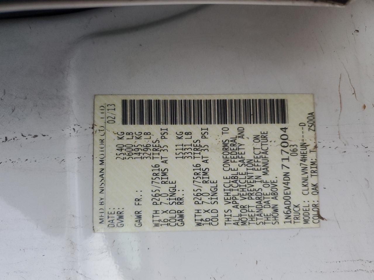 2013 Nissan Navara (Frontier) VIN 1N6AD0EV4DN717004 Copart auction photo, rollover damage thumbnail 12