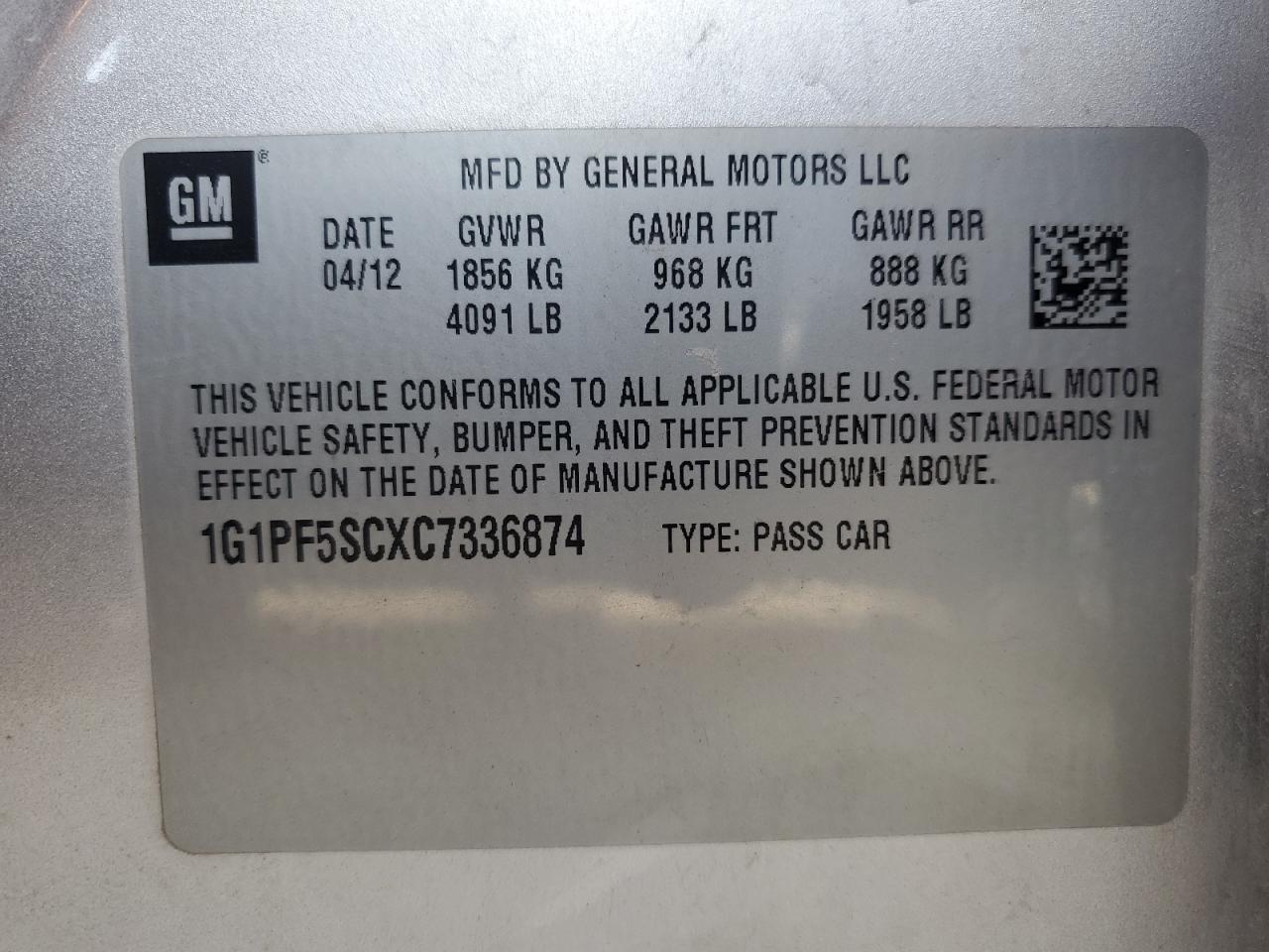2012 Chevrolet Cruze VIN 1G1PF5SCXC7336874 Copart auction photo, front end damage thumbnail 12