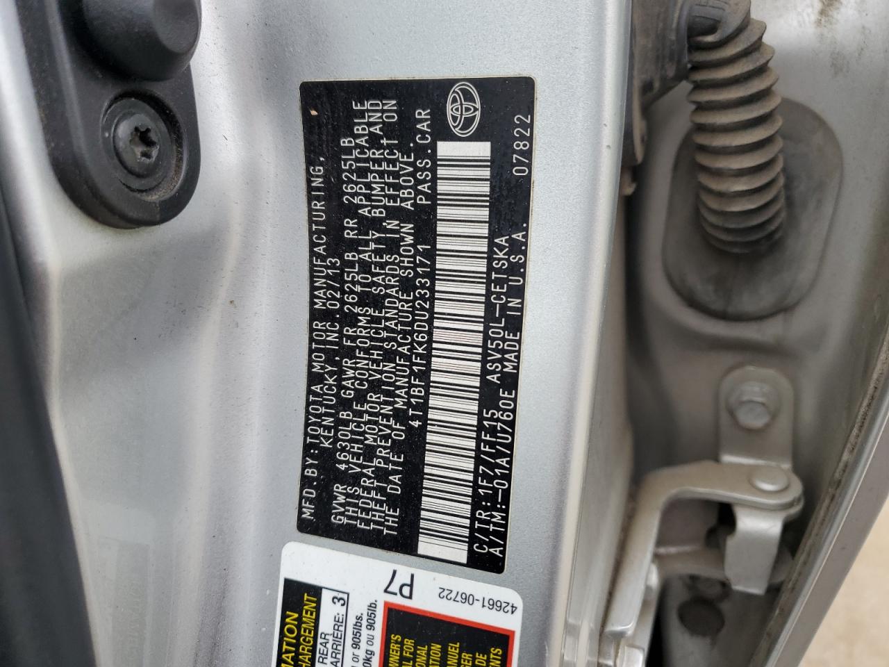 2013 Toyota Camry VIN 4T1BF1FK6DU233171 Copart auction photo, rear end / minor dent/scratches damage thumbnail 14