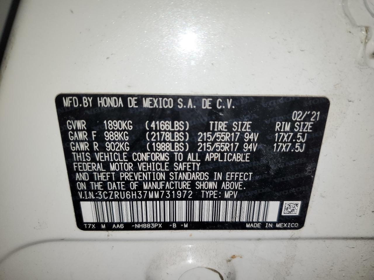 2021 Honda HR-V VIN 3CZRU6H37MM731972 Copart auction photo, front end damage thumbnail 13