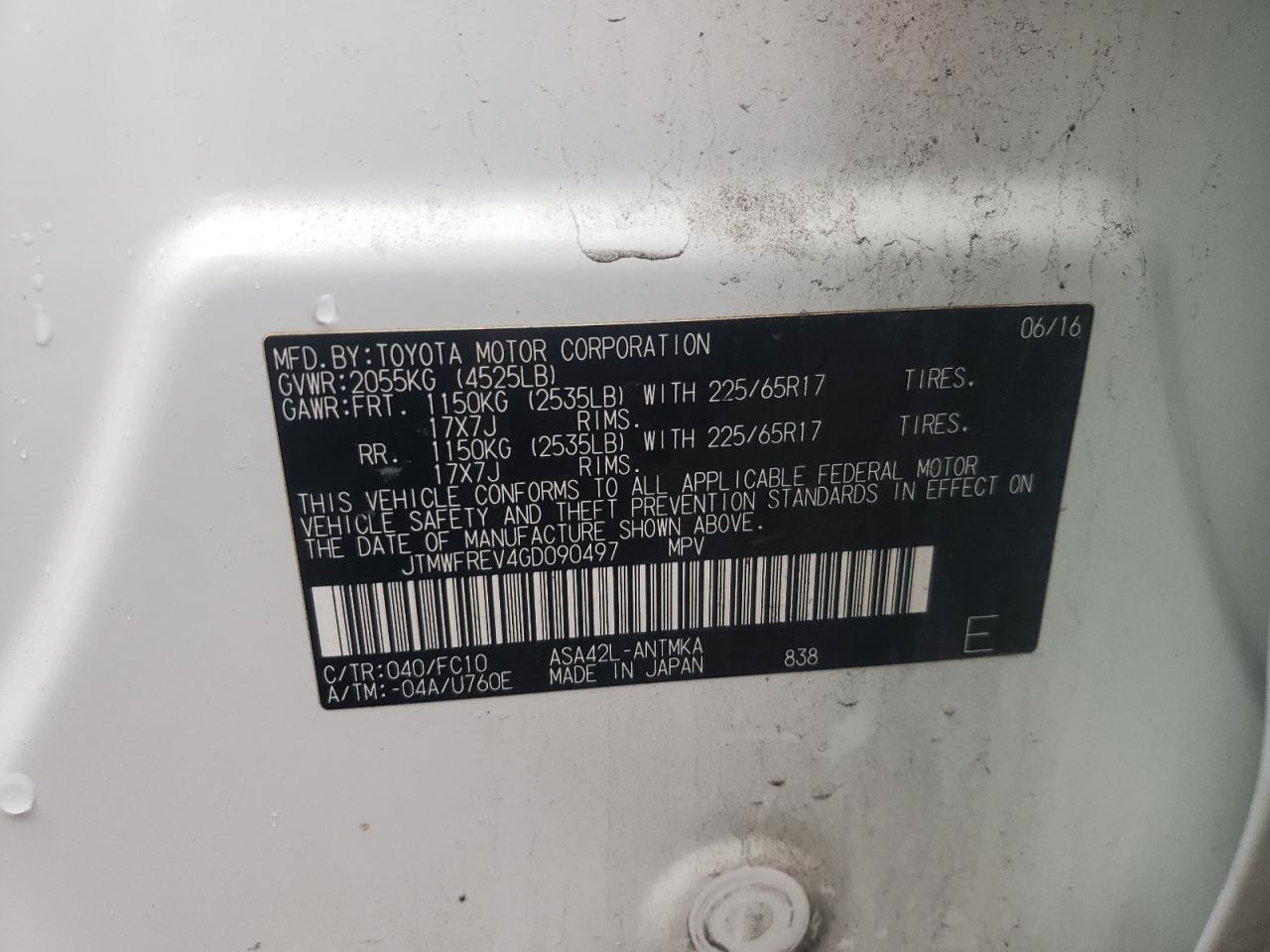 2016 Toyota RAV 4 VIN JTMWFREV4GD090497 Copart auction photo, front end / side damage thumbnail 15