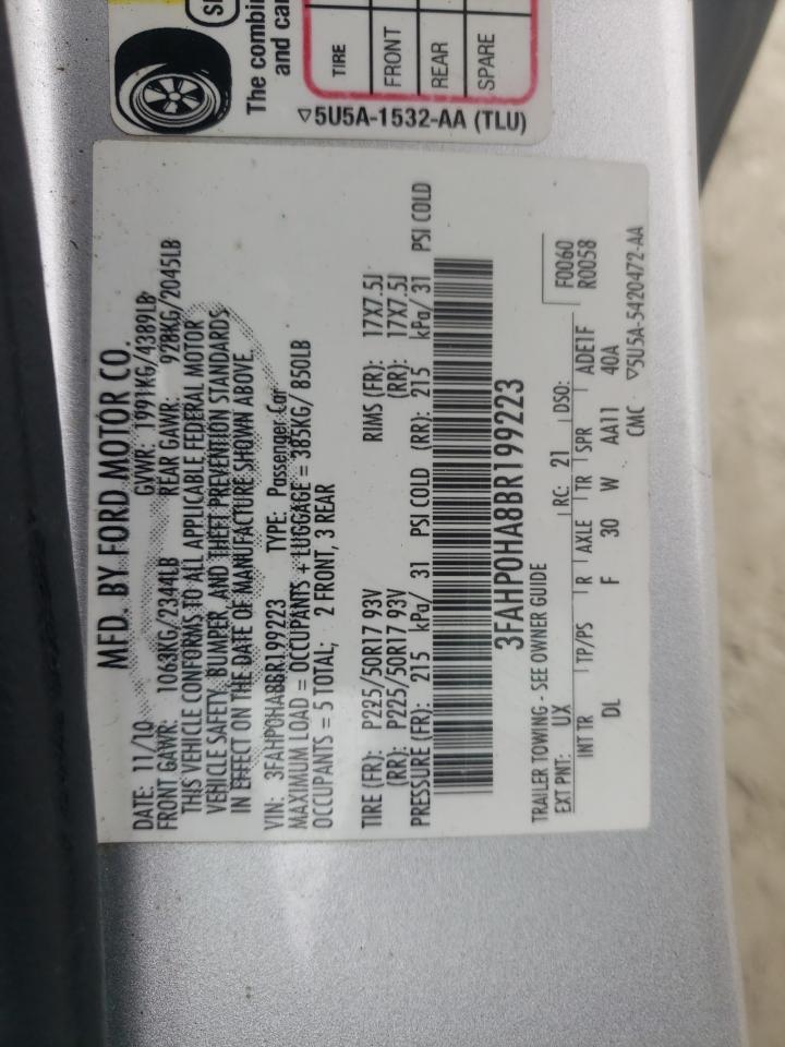 2011 Ford Fusion VIN 3FAHP0HA8BR199223 Copart auction photo, front end / minor dent/scratches damage thumbnail 14